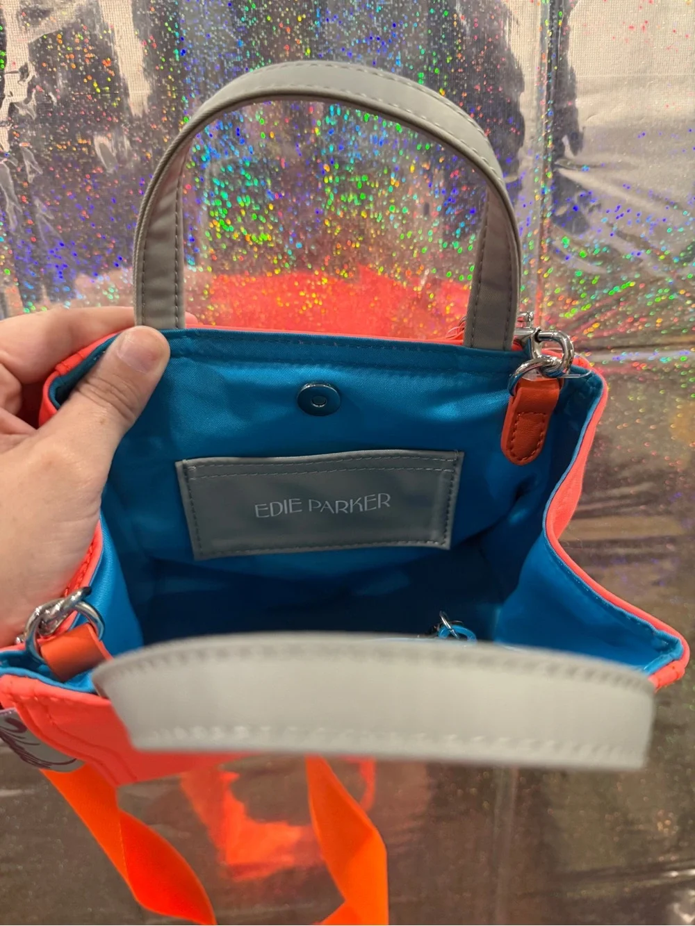 Edie Parker Neon Coral Mini Tote Crossbody Bag Orange Blue Nylon